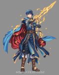  1boy bangs belt blue_eyes blue_hair boots cape falchion_(fire_emblem) fingerless_gloves fire_emblem fire_emblem:_mystery_of_the_emblem fire_emblem_cipher gloves glowing glowing_weapon grey_background holding holding_sword holding_weapon izuka_daisuke jewelry knee_boots marth_(fire_emblem) official_art pants sheath short_hair short_sleeves simple_background solo standing sword tiara weapon 