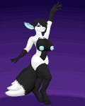  4:5 anthro belly_dancer big_breasts big_ears big_tail black_and_white_fur black_body black_fur black_hair blue_ears blue_nipples blue_nose breasts curvy_figure dancing digital_media_(artwork) digitigrade facial_piercing female fluffy fluffy_tail fur gradient_background hair hi_res inner_ear_fluff knockedoutdragon looking_at_viewer nipples nose_piercing nose_ring nude piercing pixel_(artwork) purple_background purple_eyes simple_background smile solo standing thick_thighs tuft unknown_species white_body white_fur 