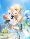  2girls absurdres bare_shoulders blonde_hair blue_sky carrying cloud day dress female_traveler_(genshin_impact) genshin_impact grass highres hug huge_filesize long_sleeves multiple_girls one_eye_closed open_mouth outdoors paimon_(genshin_impact) sky sleeveless sleeveless_dress smile statue thighhighs thinny062541 tree vambraces wet white_dress white_hair wide_sleeves yellow_eyes 