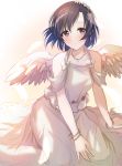  1girl absurdres bangle bangs bare_shoulders black_hair bracelet breasts brown_eyes collarbone commentary_request dress feathered_wings feathers flower hair_between_eyes highres idolmaster idolmaster_cinderella_girls jewelry long_hair looking_at_viewer mini_wings necklace satoimo_chika shiragiku_hotaru sleeveless sleeveless_dress small_breasts solo torn_clothes torn_dress white_dress white_flower white_wings wings 