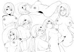  1girl :d bangs closed_eyes greyscale hair_ornament hairclip highres kneeling long_hair looking_at_viewer lying masturbation moketa monochrome nijisanji nipples nude on_back open_mouth ponytail pubic_hair seiza shiina_yuika simple_background sitting smile virtual_youtuber white_background 