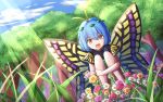  1girl :d absurdres antennae arm_around_leg bare_legs blue_hair blurry bright_pupils butterfly_wings cloud commentary_request day depth_of_field dress dutch_angle eternity_larva eyebrows_visible_through_hair eyes_visible_through_hair flower grass green_skirt hair_between_eyes hair_ornament happy highres holding_legs leaf_hair_ornament light_rays multicolored multicolored_clothes multicolored_dress open_mouth orange_eyes reaching short_hair signature skirt sky smile squatting sunlight symbol_commentary touhou tree wings yu_cha 