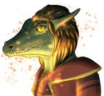  abelard_(denmarklemons) absurd_res alpha_channel anthro clothing denmarklemons detailed detailed_scales dragon green_body green_scales hair hi_res kobold male red_clothing scales scalie side_view solo yellow_eyes 