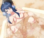  1boy 1girl arknights astesia_(arknights) bathtub blue_eyes blue_hair blush breasts censored chinese_commentary commentary_request dutch_angle faceless faceless_male fingering fingering_from_behind grabbing grabbing_from_behind groping hand_to_own_mouth hetero highres indoors jewelry large_breasts long_hair mosaic_censoring navel necklace nipples nude one_eye_closed partially_submerged sitting solo_focus spread_legs steam tile_wall tiles water wet wing228 