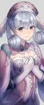  1girl breasts cape eyebrows_visible_through_hair gloves grey_background hands_on_own_chest hat head_wings highres looking_at_viewer medium_breasts melia_antiqua mirin. silver_eyes silver_hair simple_background smile solo upper_body white_gloves xenoblade_chronicles xenoblade_chronicles_(series) 