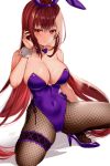  1girl animal_ears arm_up breasts bunny_ears cleavage covered_navel detached_collar fake_animal_ears fate/grand_order fate_(series) fishnet_legwear fishnets hairband high_heels highleg highleg_leotard highres hijiri_ruka large_breasts leotard long_hair looking_at_viewer piercing_bunny purple_hair purple_hairband purple_leotard red_eyes scathach_(fate)_(all) scathach_(fate/grand_order) solo spread_legs squatting strapless strapless_leotard wrist_cuffs 