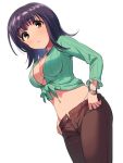  1girl bangs blush breasts brown_eyes brown_pants cleavage closed_mouth commentary dated_commentary eyebrows_visible_through_hair frilled_sleeves frills from_below front-tie_top green_shirt itsuwa long_hair looking_at_viewer medium_breasts midriff navel no_bra pants purple_hair sayshownen shirt simple_background solo striped striped_shirt to_aru_majutsu_no_index vertical-striped_shirt vertical_stripes white_background 