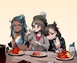  3girls beige_background black_hair black_jacket brown_hair cardigan chili_pepper curry curry_rice dark_skin eating food gloria_(pokemon) gogalking grey_cardigan gym_leader highres jacket leaning_on_person long_hair marnie_(pokemon) medium_hair multicolored_hair multiple_girls nessa_(pokemon) pepper pokemon pokemon_(game) pokemon_swsh rice simple_background spicy sweat table tam_o&#039;_shanter tears two-tone_hair 