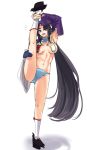  1girl abs black_hair blue_eyes breasts eyebrows_visible_through_hair fate/grand_order fate_(series) gachou gloves long_hair medium_breasts navel smile solo standing standing_on_one_leg stretch thighs ushiwakamaru_(fate/grand_order) ushiwakamaru_(swimsuit_assassin)_(fate) white_background wide_sleeves 