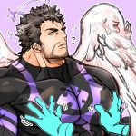  1boy 1other angel angel_wings bara beard black_bodysuit black_hair bodysuit chest facial_hair feathered_wings grabbing groping groping_motion halo highres kizami_nori_to_yamaimo male_focus manly muscle nether_angel_(tokyo_houkago_summoners) pectoral_grab short_hair stubble tokyo_houkago_summoners upper_body wings 