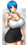  1girl bare_shoulders blue_hair blurry blurry_background breasts cleavage curvy english_commentary erkaz eyebrows_visible_through_hair hand_on_own_chest highres holding huge_breasts jewelry lips looking_at_viewer original red_eyes red_lips short_hair skirt tank_top thighs white_tank_top 