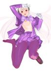  1girl absurdres albino alternate_costume ass_visible_through_thighs capcom_fighting_jam capelet commentary_request full_body gloves hairpods highres ingrid jacket mary_janes one_breast_out open_mouth panties panties_under_pantyhose pantyhose pink_capelet pink_jacket pink_skirt project_x_zone_2 purple_legwear red_eyes shoes single_shoe skirt solo tetsu_(kimuchi) toes underwear upper_teeth white_gloves white_hair 
