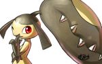  closed_mouth commentary_request gen_3_pokemon kaosu_(kaosu0905) looking_back mawile no_humans one_eye_closed pokemon pokemon_(creature) red_eyes shiny simple_background smile watermark 