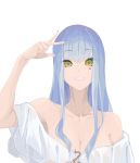  1girl bare_shoulders blue_hair breasts cleavage collarbone eyebrows_visible_through_hair facial_tattoo girls_frontline green_eyes hand_up highres hk416_(girls_frontline) lips long_hair looking_at_viewer medium_breasts nail_polish neck open_mouth shirt smile solo tattoo v white_background yueyue_no_hand 
