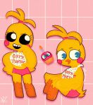  animatronic avian beak bib bird black_sclera blonde_hair blue_eyes bunlovinsh chibi chicken cupcake_(fnaf) duo feathers female five_nights_at_freddy&#039;s five_nights_at_freddy&#039;s_2 galliform gallus_(genus) hair machine orange_body phasianid pink_cheeks ponytail robot signature sitting teeth toy_chica_(fnaf) video_games white_eyes yellow_body yellow_feathers 