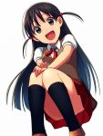  1girl :d bangs black_hair black_legwear blurry brown_vest collared_shirt commentary_request convenient_leg dated_commentary depth_of_field feet_out_of_frame hair_tie happy kneehighs long_hair looking_at_viewer open_mouth pleated_skirt red_neckwear red_ribbon red_skirt ribbon sayshownen school_rumble shirt short_sleeves simple_background sitting skirt smile solo tsukamoto_tenma twitter_username two_side_up very_long_hair vest watermark white_background white_shirt 