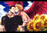  2boys bara black_border black_shirt blonde_hair blue_eyes boku_no_hero_academia border chest cloud cloudy_sky couple facial_hair facial_scar feathered_wings floral_background flower flying hawks_(boku_no_hero_academia) imminent_kiss male_focus manly multiple_boys muscle popo_take red_hair scar shirt short_hair short_sleeves sky spiked_hair stubble sunflower todoroki_enji upper_body watch wings yaoi 