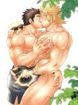  2boys bara beard blush briefs brown_hair chest commission couple facial_hair feet_out_of_frame fingerless_gloves gloves grabbing jacob_(tokyo_houkago_summoners) kiss male_focus master_3_(tokyo_houkago_summoners) multiple_boys muscle pectoral_grab shirtless skeb_commission sunfight0201 thick_eyebrows thick_thighs thighs tokyo_houkago_summoners underwear underwear_only yaoi 