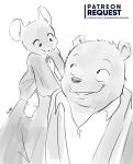  anthro c&eacute;lestine clothed clothing digital_media_(artwork) duo english_text ernest ernest_and_c&eacute;lestine female fur hi_res joaoppereiraus male mammal monochrome mouse murid murine rodent signature simple_background size_difference smile text url ursid young 