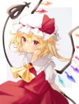  1girl arms_behind_back blonde_hair commentary_request crystal flandre_scarlet grey_background hat hi_o_kawa holding laevatein long_hair mob_cap pointy_ears polka_dot polka_dot_background red_eyes red_skirt red_vest shirt short_sleeves side_ponytail skirt solo touhou upper_body vest white_headwear white_shirt wings yellow_neckwear 