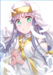  1girl absurdres ayuko_(ayuko54bornthisway) catholic feathers green_eyes habit highres index long_hair looking_at_viewer nun robe safety_pin silver_hair simple_background solo to_aru_majutsu_no_index white_background 