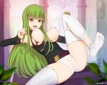  1girl ass blush breasts c.c. code_geass detached_sleeves green_hair highres large_breasts long_hair looking_at_viewer md5_mismatch nipples no_bra pussy revealing_clothes rezodwel self_upload shiny shiny_hair shiny_skin short_shorts shorts soles thighhighs thighs toes uncensored very_long_hair yellow_eyes 