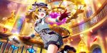  1girl alternate_costume artist_request bangs black-framed_eyewear blush boots bow breasts brown_hair character_name deerstalker detective frills fur-trimmed_gloves fur_trim glasses gloves hat high-waist_shorts highres indoors koizumi_hanayo lights love_live! love_live!_school_idol_festival_all_stars love_live!_school_idol_project official_art open_mouth outstretched_arm plaid purple_eyes running shirt shirt_tucked_in short_hair short_sleeves shorts solo stairs suspender_shorts suspenders sweat white_shirt window 
