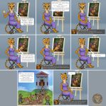  absurd_res annoyed anthro canid canine cheetah clothing comic commentary dialogue drawing drawing_in_a_drawing drawing_table dress duo english_text felid feline female fox fur hi_res julia_(vestina) male mammal purple_clothing purple_dress simple_background spots spotted_body spotted_fur text vestina watermark 