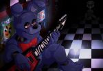  2020 3_toes 5_fingers alternate_version_at_source animatronic anthro black_nose bonnie_(fnaf) bow fingers five_nights_at_freddy&#039;s ghost guitar half-closed_eyes inside lagomorph leporid looking_down machine mammal musical_instrument narrowed_eyes plucked_string_instrument poster purple_body rabbit robot signature sitting snazzamazing spirit string_instrument toes video_games 