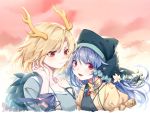  2girls apron arm_ribbon arm_up bangs blonde_hair blue_hair blue_shirt blush commentary_request dragon_horns dress expressionless floating_hair flower fy_fei_xiao_ya gradient_sky green_headwear hand_in_hair hand_on_another&#039;s_shoulder haniyasushin_keiki hat hat_flower high_collar hood horns kicchou_yachie long_hair looking_at_another looking_at_viewer magatama magatama_necklace multiple_girls open_mouth puffy_short_sleeves puffy_sleeves red_eyes red_sky ribbon shirt short_hair short_sleeves sky slit_pupils standing swept_bangs touhou turtle_shell upper_body very_long_hair yellow_dress 