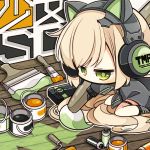  1girl 7:08 absurdres animal_ears black_footwear black_gloves black_jacket blonde_hair cat_ear_headphones cat_ears character_name chibi commentary_request expressionless eyebrows_visible_through_hair floor girls_frontline gloves green_eyes hair_between_eyes headphones highres holding holding_paintbrush jacket long_hair no_mouth no_nose paint paintbrush painting seiza sidelocks sitting solo spray_can thigh_strap tmp_(girls_frontline) very_long_hair 