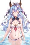  1girl animal_ears artist_name bangs bare_shoulders bikini blue_flower blue_hair blue_ribbon blush breasts brown_eyes bunny_ears cleavage commentary_request erune ferry_(granblue_fantasy) flower granblue_fantasy hair_between_eyes hair_flower hair_ornament hair_ribbon highres jewelry lips long_hair looking_at_viewer medium_breasts ponytail revision ribbon side-tie_bikini simple_background single_earring solo standing swimsuit sxbzero wading water wavy_hair white_background 