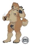  2019 anthro balls barazoku beverage black_nipples black_penis black_tongue brown_eyes bruteandbrawn canid canine canis cheek_tuft digital_media_(artwork) domestic_dog facial_tuft flaccid fluffy fluffy_tail foreskin full-length_portrait fur genitals gesture grey_balls grin hair hi_res humanoid_genitalia humanoid_penis looking_at_viewer male mammal musclegut muscular muscular_anthro muscular_male navel neck_tuft nipples nude overweight overweight_anthro overweight_male pawpads pecs penis portrait pubes simple_background smile soda solo standing straw tan_body tan_fur teeth tongue tuft uncut watermark waving white_background 