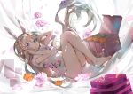  1girl animal_ears bare_legs barefoot blonde_hair blue_eyes breasts bunny_ears china_dress chinese_clothes daima_hmw dress eyebrows_visible_through_hair flower girls_frontline hairband hand_on_ear highres legs long_hair looking_at_viewer no_shoes open_mouth panties solo suomi_kp31_(girls_frontline) tagme thighs underwear white_panties 