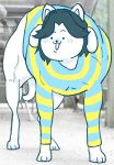  ambiguous_gender black_hair clothing feral hair hypertrophy invalid_color mammal muscular muscular_feral pattern_clothing pattern_shirt pattern_topwear shirt smile striped_clothing striped_shirt striped_topwear stripes tem temmie_(undertale) topwear undertale video_games white_body 
