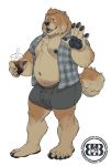  2019 anthro barazoku beverage black_nipples black_tongue bottomwear brown_eyes bruteandbrawn canid canine canis cheek_tuft clothed clothing digital_media_(artwork) domestic_dog facial_tuft fluffy fluffy_tail full-length_portrait fully_clothed fur gesture grin hair hi_res looking_at_viewer male mammal musclegut muscular muscular_anthro muscular_male navel neck_tuft nipples open_clothing open_shirt open_topwear overweight overweight_anthro overweight_male pawpads pecs plaid portrait shirt shorts simple_background smile soda solo standing straw tan_body tan_fur teeth tongue topwear tuft watermark waving white_background 