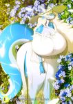  absurd_res anthro big_breasts blau_draconis blonde_hair blue_body breasts cleavage clothed clothing detailed_background dragon eyewear female flower glasses hair hat headgear headwear hi_res huge_breasts hyper hyper_breasts mature_female outside plant solo sylviajo 