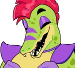  alligator alligatorid animatronic anthro crocodilian eyebrows eyes_closed five_nights_at_freddy&#039;s five_nights_at_freddy&#039;s:_security_breach green_body hair laugh machine male markings mohawk_(hairstyle) montgomery_gator_(fnaf) open_mouth open_smile purple_markings reaction_image reptile robot scalie smile solo teeth viceravermillion video_games yellow_body 