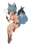  2020 5_fingers absurd_res anthro barefoot bikini bikini_top blue_body blue_eyes blue_fur blue_hair brand_new_animal breasts brown_body brown_fur canid canine clothed clothing cute_fangs facial_markings female fingers fluffy fluffy_tail fur gloves_(marking) hair happy head_markings hi_res holding_object kiritzugu leg_markings mammal markings mask_(marking) michiru_kagemori multicolored_eyes navel open_mouth pink_eyes raccoon_dog simple_background sitting socks_(marking) sparkler studio_trigger swimwear tanuki 