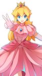  1girl bangs blonde_hair blue_eyes commentary_request crown dress earrings elbow_gloves eyebrows_visible_through_hair gloves hair_between_eyes hand_up highres jewelry long_hair looking_at_viewer mario_(series) miyama-san open_mouth pink_dress princess_peach shiny shiny_hair smile solo teeth tongue v 