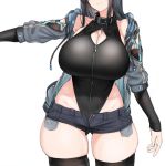  1girl ass_visible_through_thighs black_hair black_legwear black_swimsuit breasts character_request cleavage cleavage_cutout clothing_cutout collar commentary_request copyright_request front_zipper_swimsuit full-length_zipper head_out_of_frame highleg highleg_swimsuit hood hooded_jacket huge_breasts jacket long_hair meme_attire mole one-piece_swimsuit open_clothes open_fly open_jacket short_shorts shorts shoulder_cutout skindentation smile solo standing swimsuit swimsuit_under_clothes thick_thighs thighhighs thighs white_background xiangzi_box zipper 