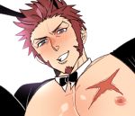  1boy animal_ears bara bare_chest blue_eyes blush bow bowtie brown_hair bunny_ears chako_nejio chest chest_scar close-up crossdressing detached_collar face facial_hair fake_animal_ears fate/grand_order fate_(series) goatee male_focus male_playboy_bunny meme_attire muscle napoleon_bonaparte_(fate/grand_order) nipples playboy_bunny reverse_bunnysuit reverse_outfit scar short_hair sideburns smirk solo upper_body white_background 