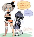  1boy 1girl ahoge allister_(pokemon) aqua_eyes bangs barefoot bea_(pokemon) black_bodysuit black_hair black_hairband bodysuit bodysuit_under_clothes bow_hairband collared_shirt commentary_request crossed_arms eevee eyelashes flying_sweatdrops gen_1_pokemon gloves gotcha! grey_hair gym_leader hair_between_eyes hairband hands_up highres knee_pads long_sleeves looking_at_another mask open_mouth pikachu pokemon pokemon_(game) pokemon_swsh print_shirt print_shorts sakutake_(ue3sayu) shiny shiny_skin shirt shoes short_hair short_sleeves shorts single_glove speech_bubble standing suspender_shorts suspenders teeth tongue translation_request 