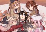  5girls ahoge beret bespectacled black_hair black_ribbon blue_eyes blush braid brown_eyes carpet commentary_request fang floral_print glasses hair_flaps hair_ornament hair_ribbon hairband harusame_(kantai_collection) hat heterochromia kantai_collection light_brown_hair long_hair long_sleeves looking_at_viewer lying multiple_girls murasame_(kantai_collection) necktie on_back one_eye_closed one_side_up open_mouth pink_eyes pink_hair red-framed_eyewear red_eyes red_neckwear remodel_(kantai_collection) ribbon sailor_collar school_uniform shigure_(kantai_collection) shiratsuyu_(kantai_collection) single_braid smile sugue_tettou twitter_username wooden_floor yuudachi_(kantai_collection) 