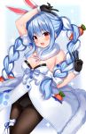  1girl absurdres animal_ear_fluff animal_ears arm_over_head arm_up bangs bare_shoulders black_gloves black_legwear black_leotard blue_hair blush braid breasts bunny_ears carrot carrot_hair_ornament cleavage coat double_v extra_ears food_themed_hair_ornament fur_trim gloves hair_ornament highres hololive leg_garter leotard leotard_under_clothes long_hair looking_at_viewer medium_breasts multicolored_hair open_mouth rabbit_girl red_eyes scarf shouu-kun solo thick_eyebrows thigh_strap twin_braids two-tone_hair usada_pekora v virtual_youtuber white_coat white_hair 