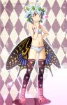  1girl antennae bare_arms bare_shoulders black_legwear black_wings blue_bra blue_hair blue_panties boots bra breasts brown_eyes butterfly_wings chima_q eternity_larva full_body heart heart_print highres leaf leaf_on_head navel panties pink_footwear polka_dot polka_dot_bra polka_dot_panties small_breasts solo standing stomach thighhighs touhou underwear underwear_only wings 