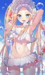  1girl abigail_williams_(fate/grand_order) abigail_williams_(swimsuit_foreigner)_(fate) absurdres arm_behind_head arm_up armpits bangs bare_shoulders bikini blonde_hair blue_eyes blue_sky blush bonnet bow breasts bubble fate/grand_order fate_(series) forehead hair_bow highres innertube liso long_hair looking_at_viewer miniskirt navel open_mouth parted_bangs sidelocks skirt sky small_breasts smile swimsuit thighs twintails very_long_hair white_bikini white_bow white_headwear 