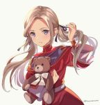  1girl brown_hair closed_mouth edelgard_von_hresvelg fire_emblem fire_emblem:_three_houses hair_ribbon holding holding_stuffed_toy long_hair long_sleeves misu_kasumi purple_eyes ribbon simple_background solo stuffed_animal stuffed_toy teddy_bear twintails twitter_username upper_body younger 