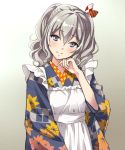  1girl alternate_costume apron blue_eyes blue_kimono blush closed_mouth eyebrows_visible_through_hair floral_print hair_between_eyes japanese_clothes kantai_collection kashima_(kantai_collection) kimono long_hair long_sleeves silver_hair smile solo twintails u0709 upper_body wa_maid white_apron wide_sleeves 