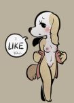  2020 aggressive_retsuko anthro blush bottomless breasts canid canine canis clothed clothing dialogue domestic_dog english_text female front_view full-length_portrait genitals hi_res inui_(aggressive_retsuko) mammal nipples off_shoulder portrait pussy sanrio solo speech_bubble standing text thehenwithatie undressing 